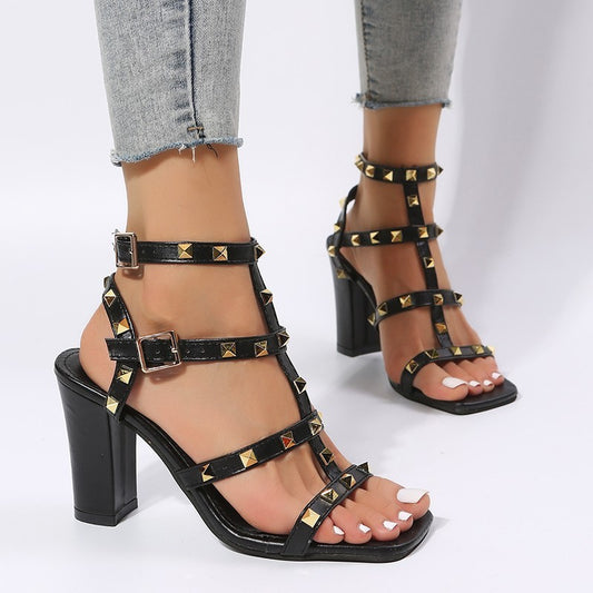 Women’s Rivet Gladiator Heels – Bold, Chic & Square-Toe Style!