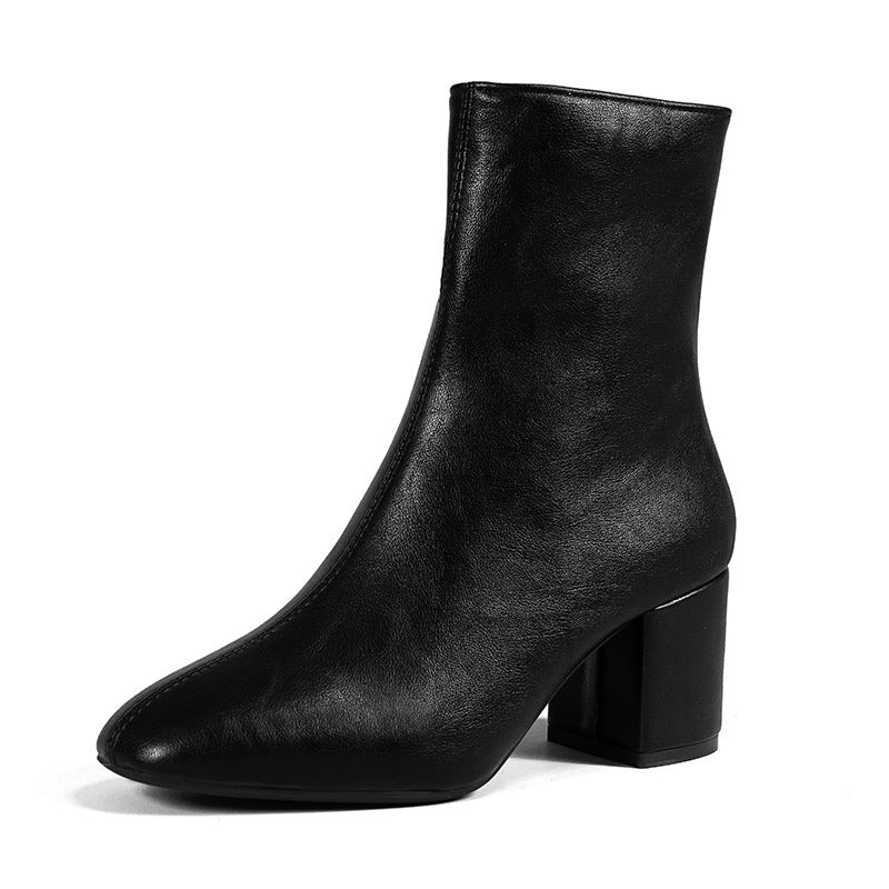 Women's Chunky Heel Boots: Pointed Toe Mid-Calf with Zipper