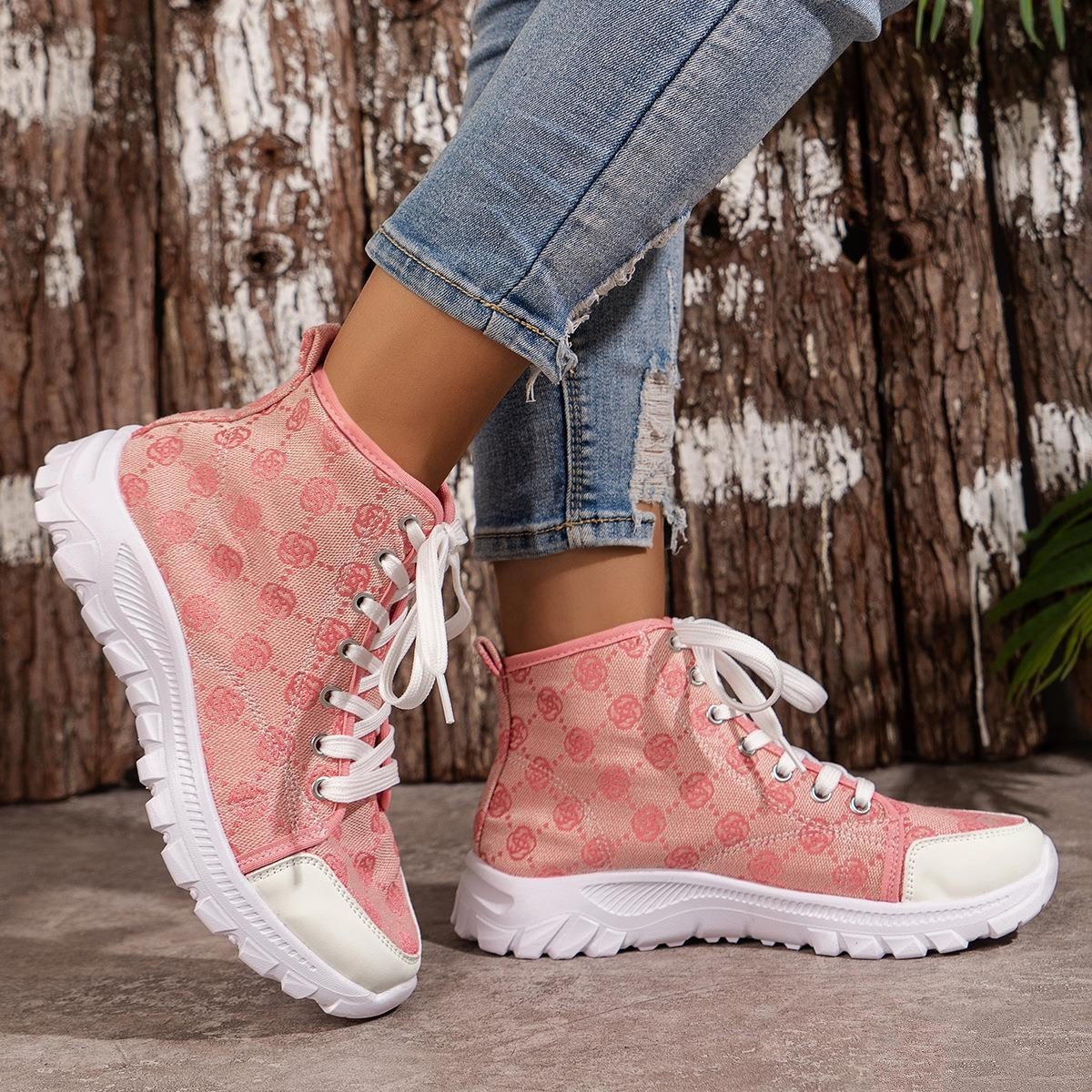 Women's Rose-Printed Lace-Up Boots: Stylish Canvas Sneakers