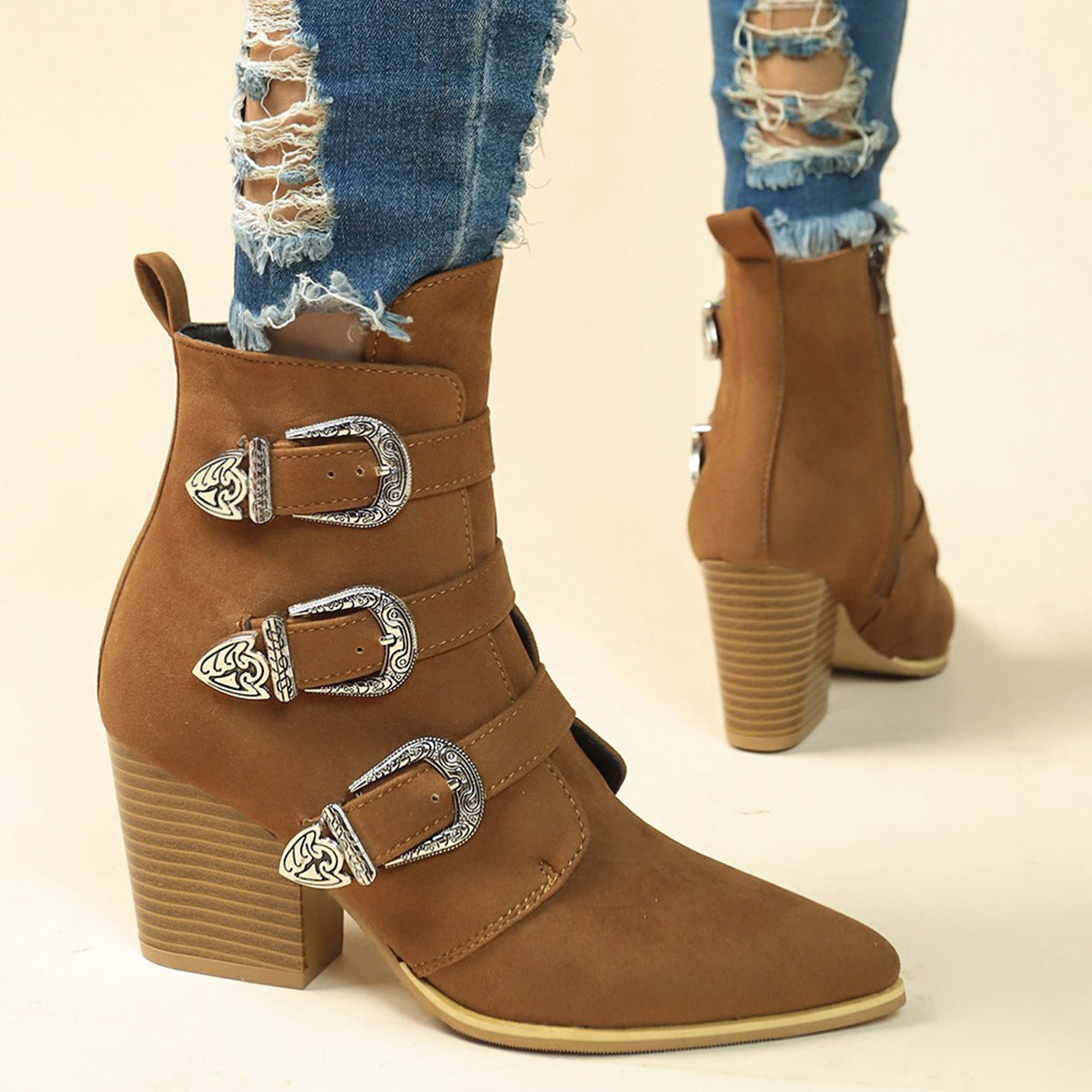 Women's Western Ankle Boots: Chunky Heel & Buckle Design