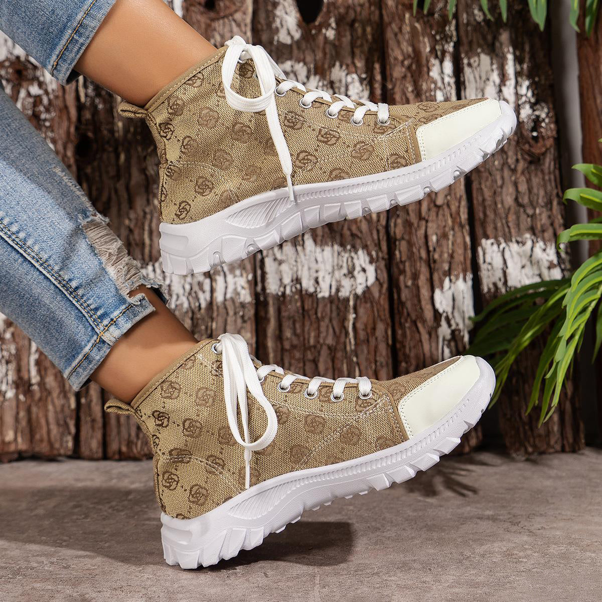 Women's Rose-Printed Lace-Up Boots: Stylish Canvas Sneakers