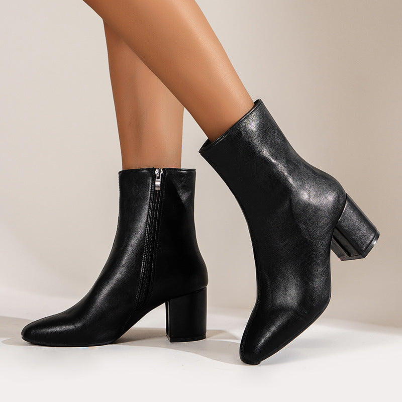 Women's Chunky Heel Boots: Pointed Toe Mid-Calf with Zipper