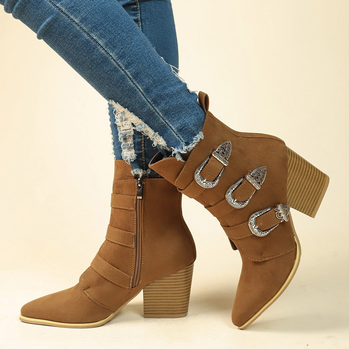 Women's Western Ankle Boots: Chunky Heel & Buckle Design