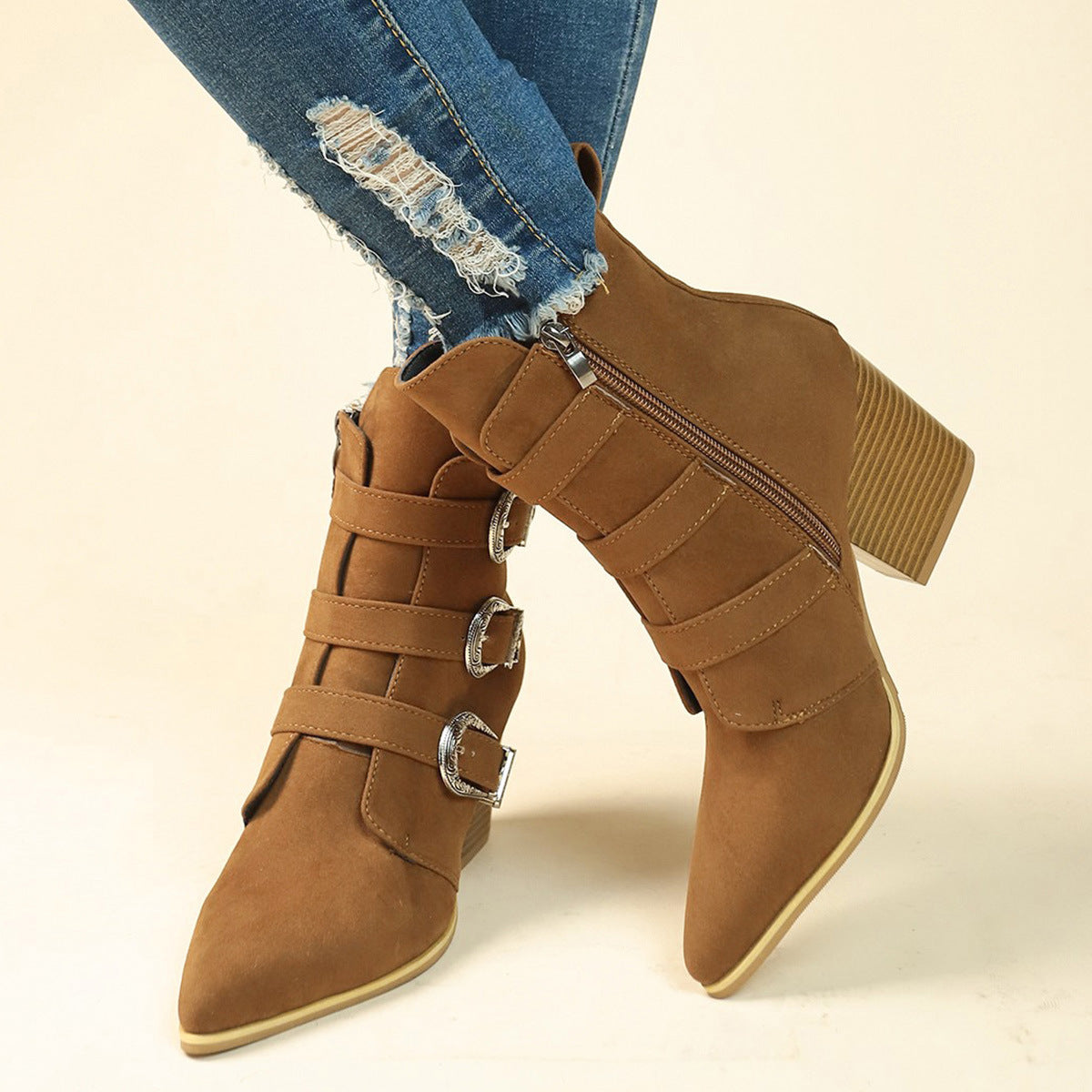 Women's Western Ankle Boots: Chunky Heel & Buckle Design