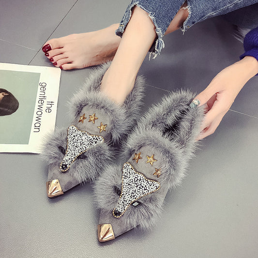 Luxury Faux Fur Pointed Flats – Chic & Embellished Elegance!