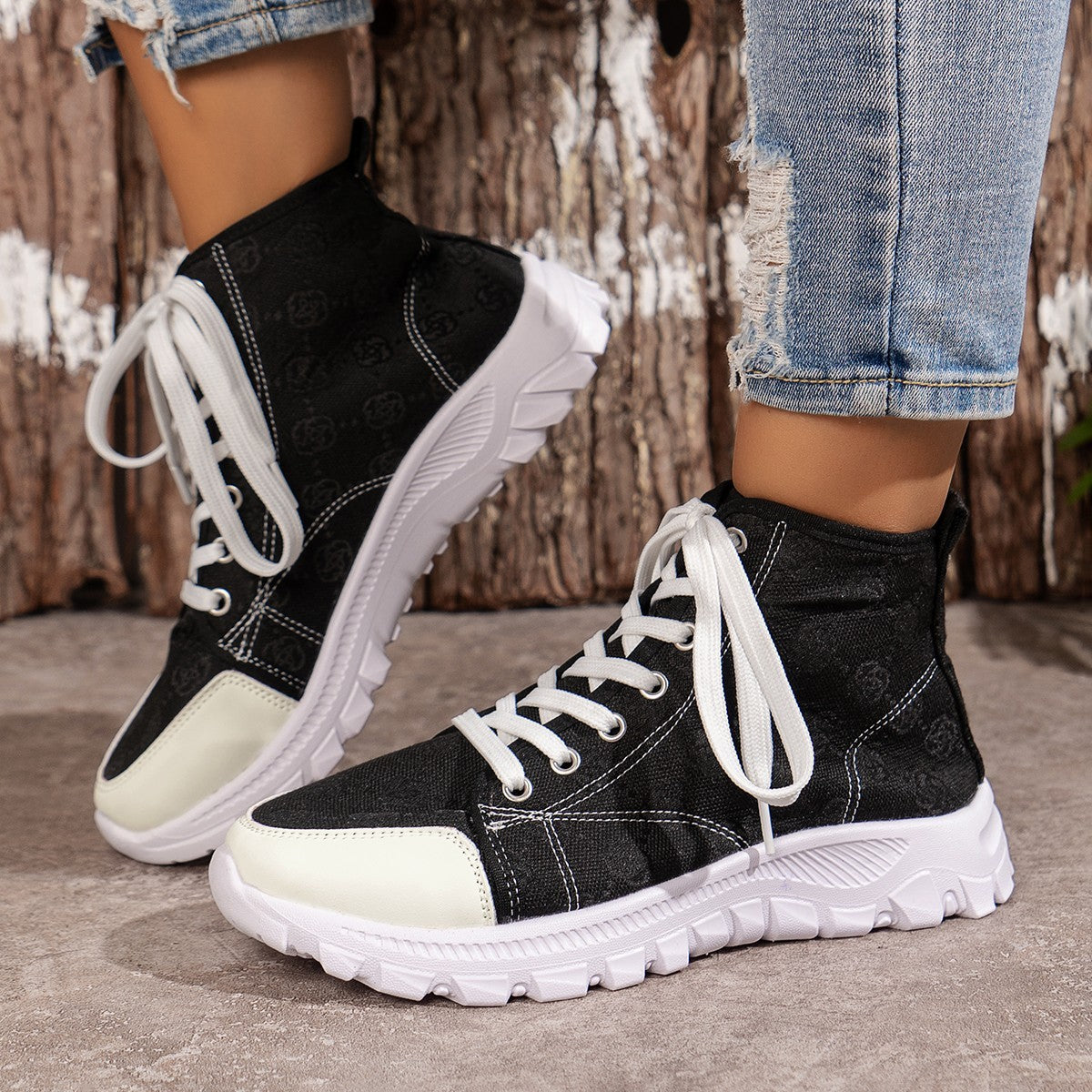 Women's Rose-Printed Lace-Up Boots: Stylish Canvas Sneakers