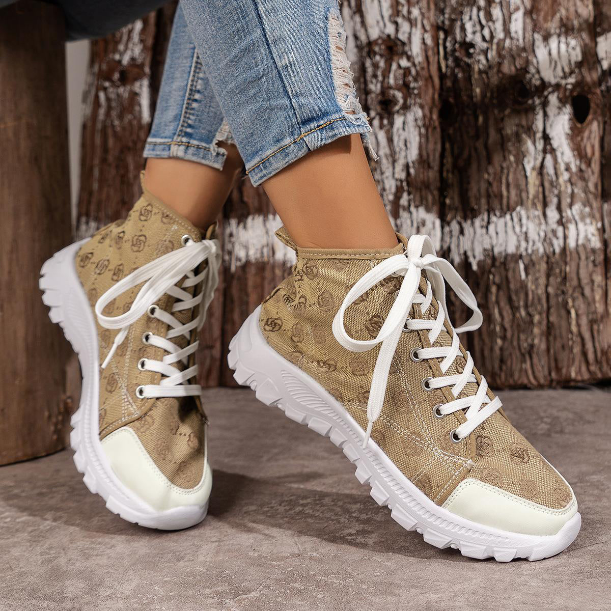 Women's Rose-Printed Lace-Up Boots: Stylish Canvas Sneakers