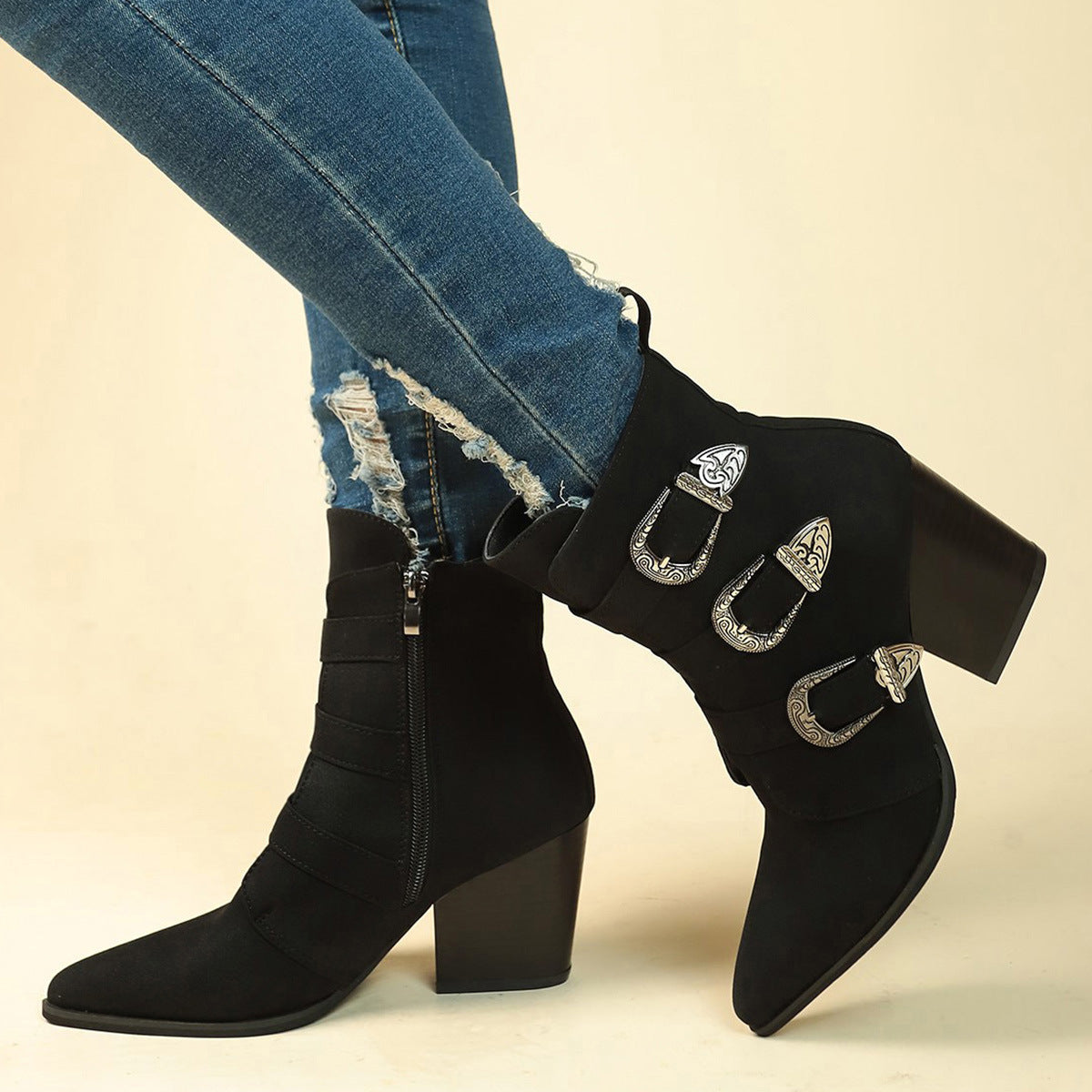 Women's Western Ankle Boots: Chunky Heel & Buckle Design