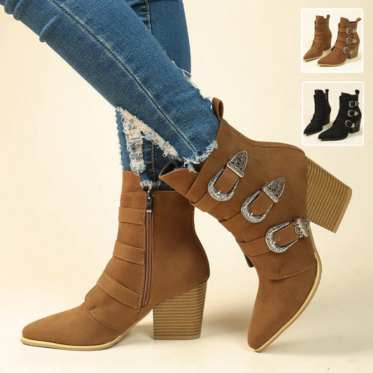 Women's Western Ankle Boots: Chunky Heel & Buckle Design