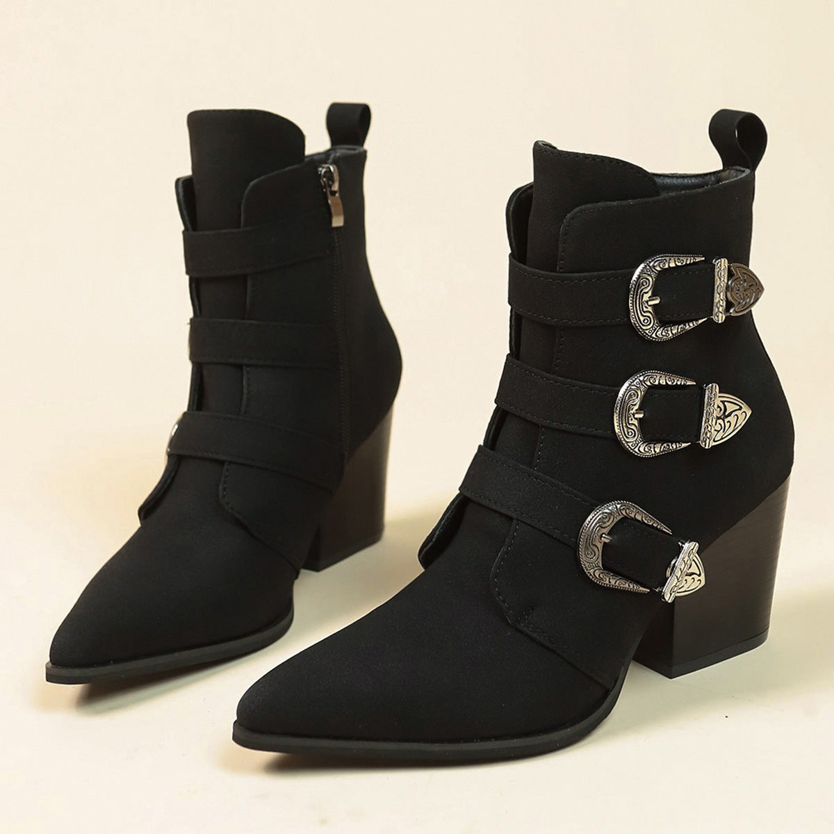 Women's Western Ankle Boots: Chunky Heel & Buckle Design