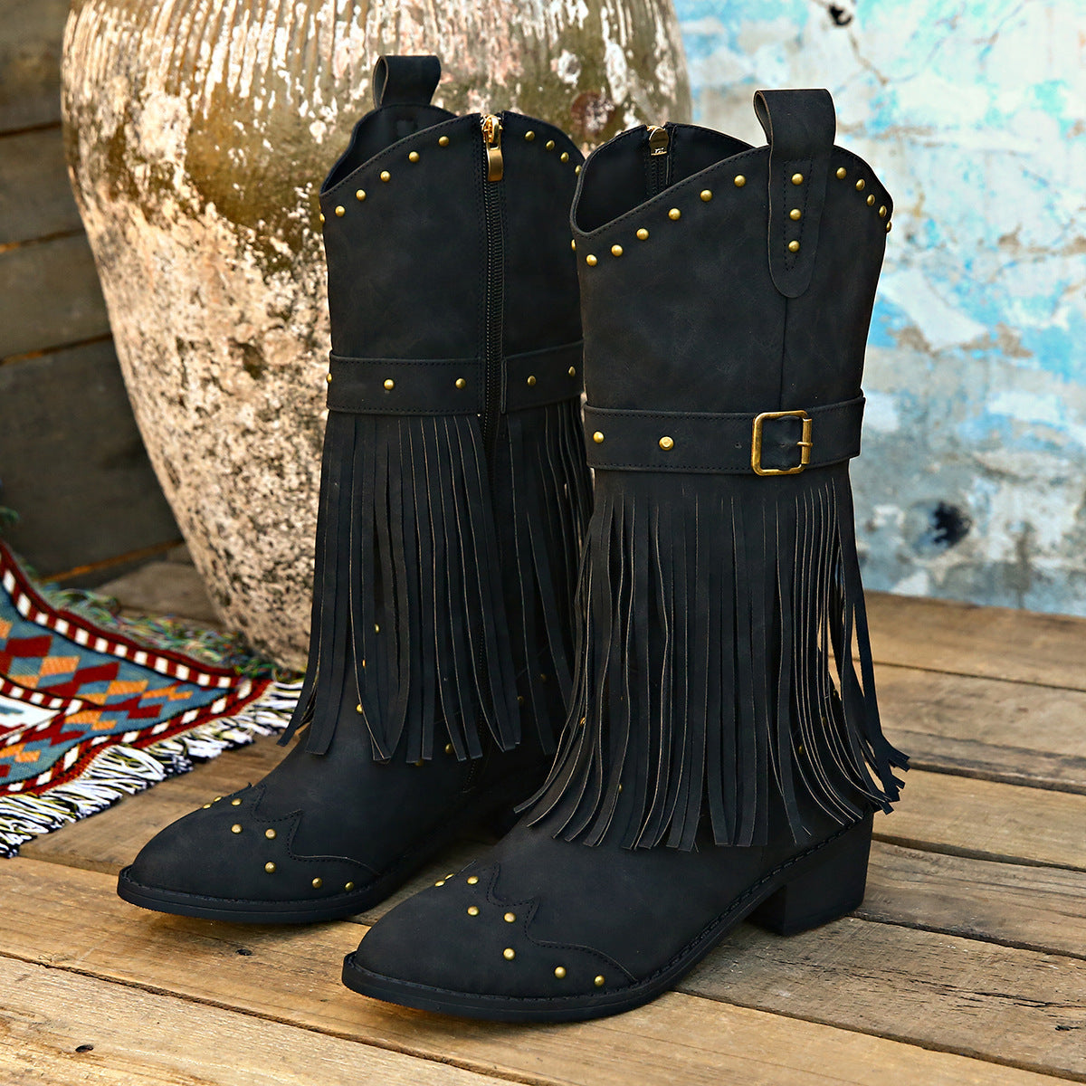 Women's Western Boots: Retro Tassel Mid-Calf Square Heel