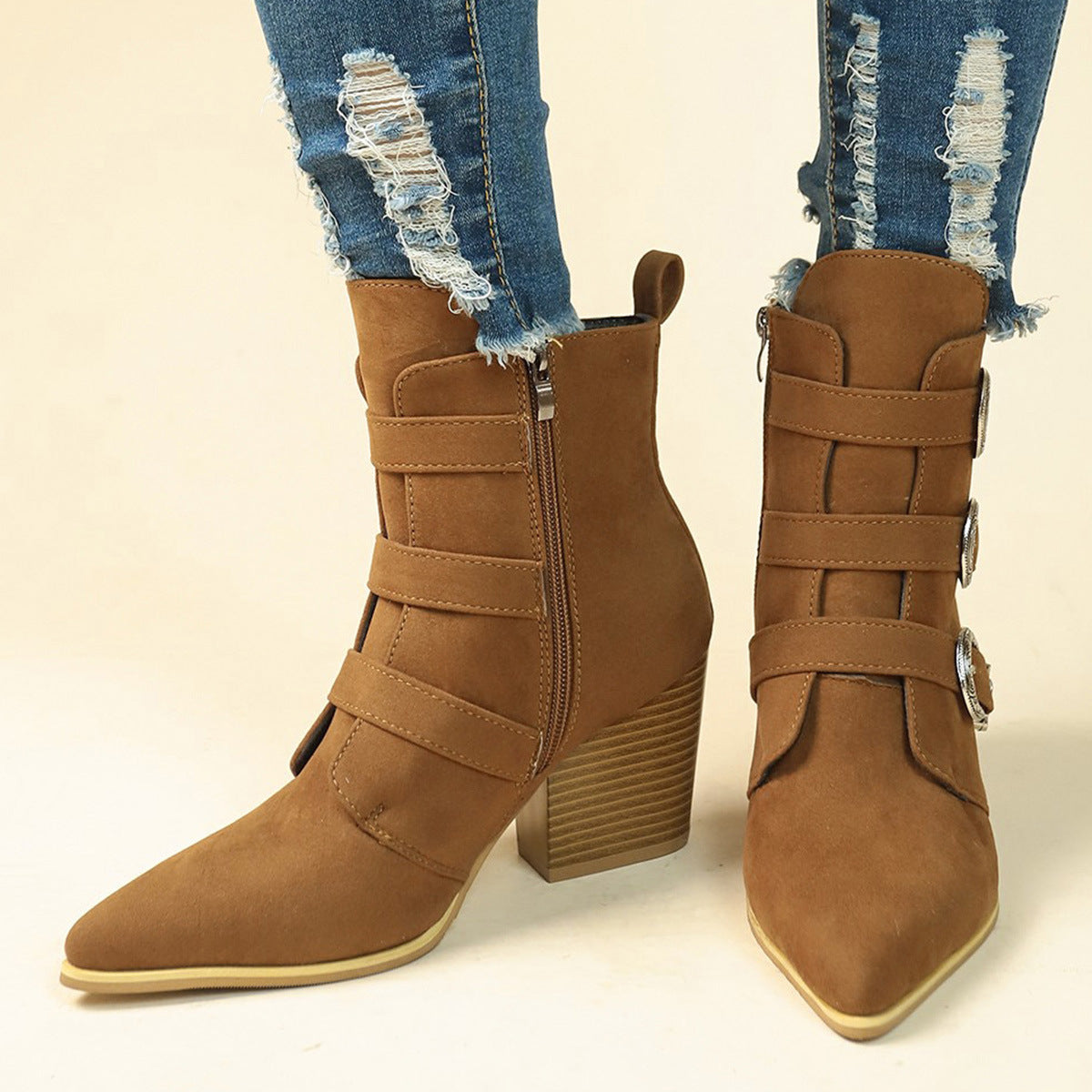 Women's Western Ankle Boots: Chunky Heel & Buckle Design