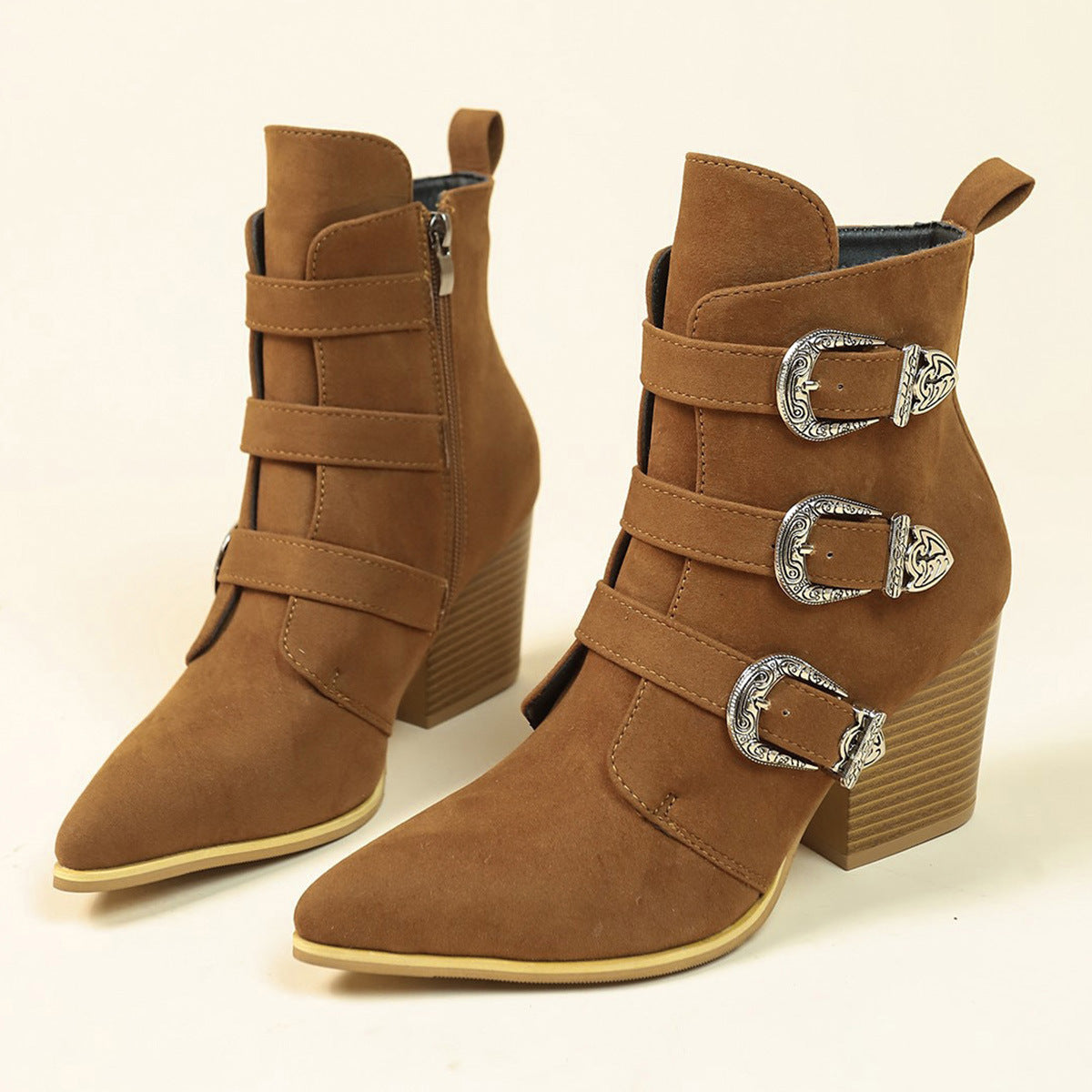 Women's Western Ankle Boots: Chunky Heel & Buckle Design