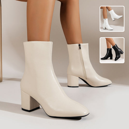 Women's Chunky Heel Boots: Pointed Toe Mid-Calf with Zipper