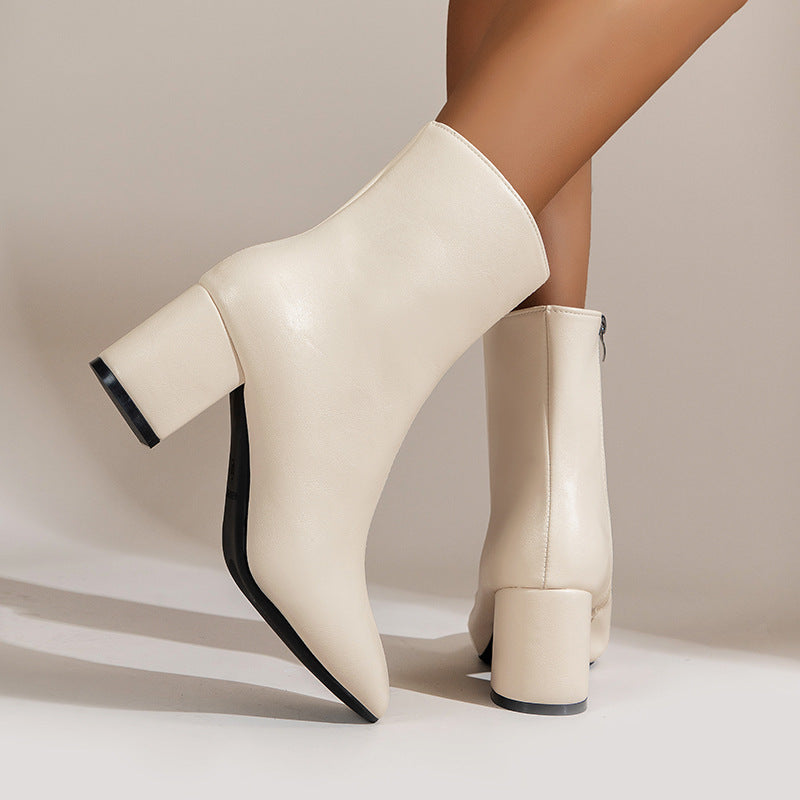 Women's Chunky Heel Boots: Pointed Toe Mid-Calf with Zipper