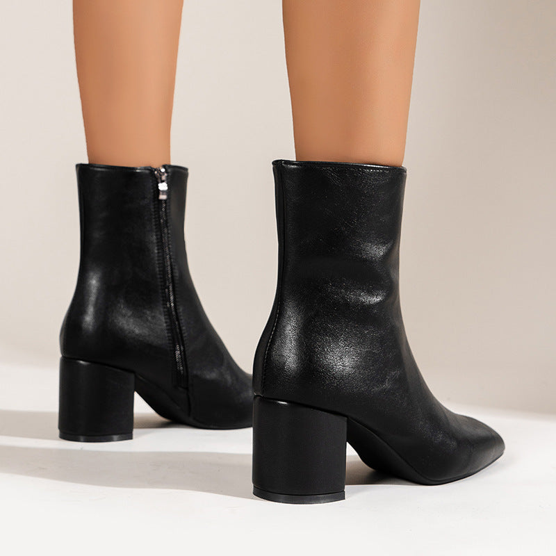 Women's Chunky Heel Boots: Pointed Toe Mid-Calf with Zipper