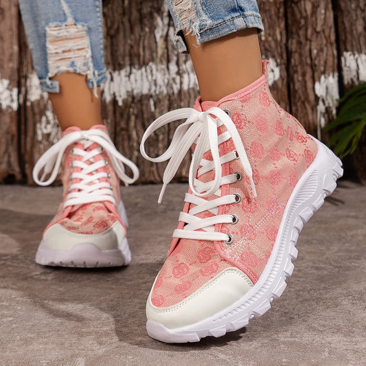 Women's Rose-Printed Lace-Up Boots: Stylish Canvas Sneakers